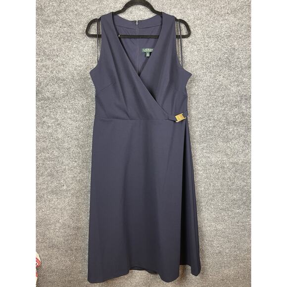 Ralph Lauren Crepe Sleeveless Dress Navy Blue Midi Gold Plated Logo Size 16 - Picture 7 of 16